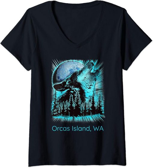 Womens WA Orcas Island Howling Wolf In Moon Forest Nature Lover V-Neck T-Shirt